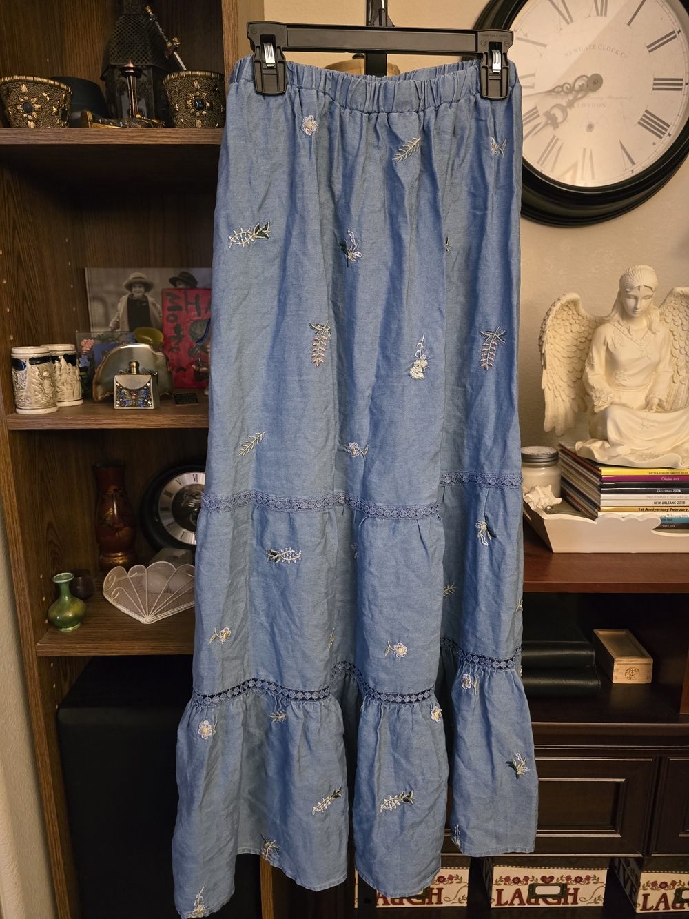Indigo Rose Tencel Embroidered Chambray Tiered Maxi Skirt Boho Prairie Size M - Picture 5 of 6